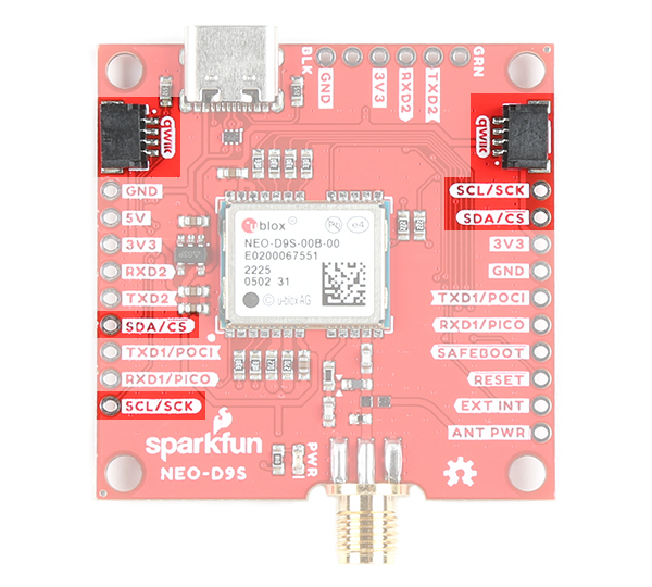 Qwiic and I2C connectors highlighted